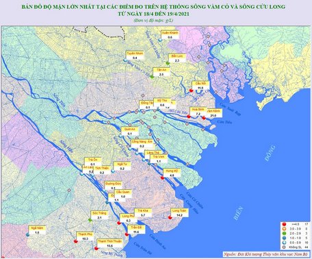 Bản đồ độ mặn lớn nhất tại các điểm đo trên hệ thống sông Vàm Cỏ và sông Cửu Long từ ngày 18- 19/4/2021.