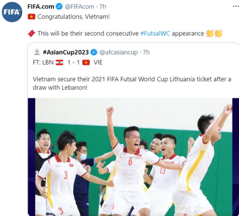 Trang Twitter chính thức của FIFA đăng lời chúc mừng Việt Nam lần thứ hai liên tiếp góp mặt ở VCK World Cup futsal. Ảnh: Twitter FIFA