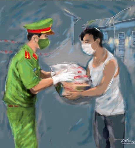 Bức tranh “Tình người trong đại dịch” của họa sĩ Trần Thắng.