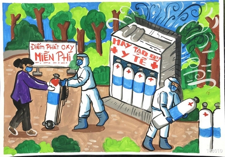Cung cấp oxy y tế miễn phí - tranh của em Nguyễn Nhật Trúc Lâm, Kiên Giang