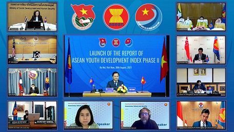 Các đại biểu dự lễ ra mắt Chỉ số phát triển thanh niên ASEAN giai đoạn 2 theo hình thức trực tuyến - Ảnh: TƯỜNG KHA