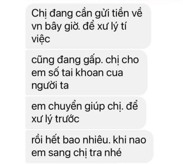 Một trong những tin nhắn kẻ gian sau khi hack Facebook đã giả Việt kiều nhờ chuyển tiền làm từ thiện.