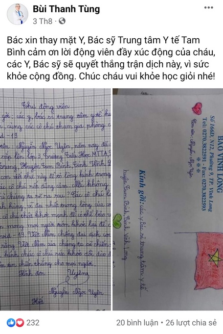 Bác sĩ Bùi Thanh Tùng- Giám đốc Trung tâm Y tế huyện Tam Bình bày tỏ cảm xúc trên mạng xã hội khi nhận được thư của Ngọc Uyên.