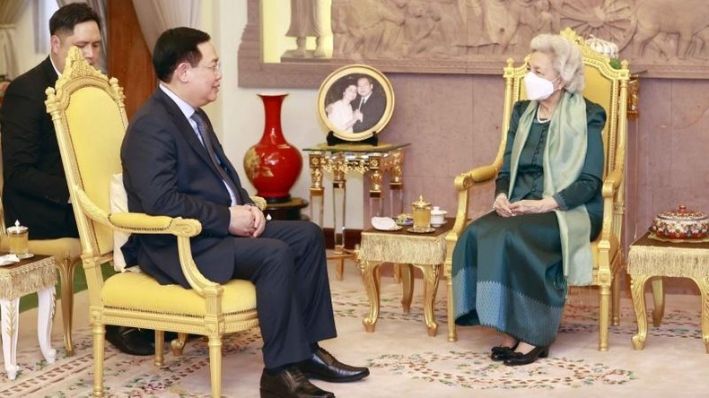 Chủ tịch Quốc hội Vương Đình Huệ yết kiến Hoàng Thái hậu Campuchia Norodom Monineath Sihanouk. (Ảnh: Doãn Tấn/TTXVN)