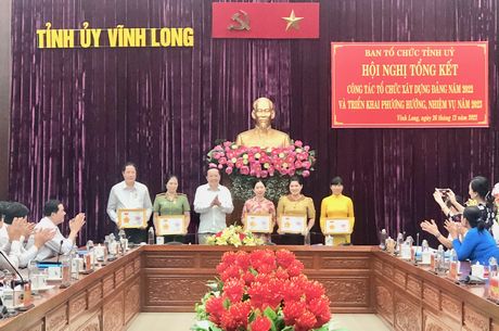 Phó Bí thư Thường trực Tỉnh ủy Nguyễn Thành Thế trao quyết định cho các đồng chí được Kỷ niệm chương “Vì sự nghiệp công tác tổ chức xây dựng Đảng”