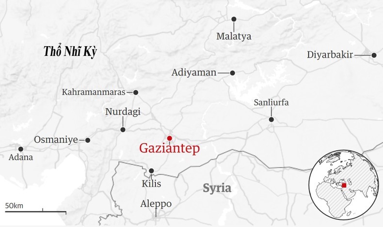 Tâm chấn của động đất ở khu vực Kahramanmaras và thành phố Gaziantep của Thổ Nhĩ Kỳ. (Đồ họa: The Guardian)
