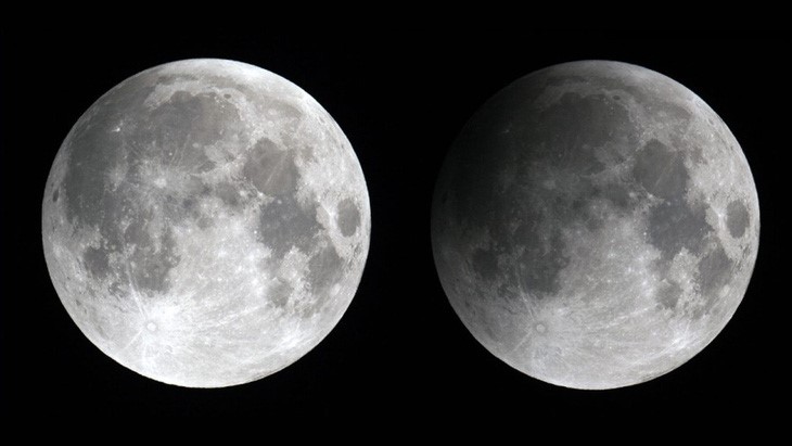 Mặt trăng trong hiện tượng nguyệt thực nửa tối (phải) - Ảnh: SPACE.COM