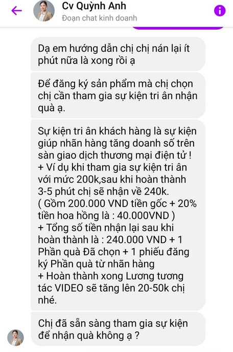       Tin nhắn của CV Quỳnh Anh “câu kéo” chị H. tham gia chương trình “nhận quà tặng online”.