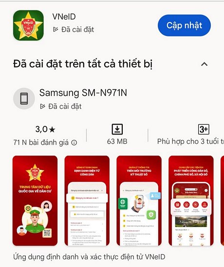 Ứng dụng VNeID cần phải được tải xuống hoặc cập nhật trên các kho ứng dụng như App Store hoặc Google Play - Ảnh chụp màn hình