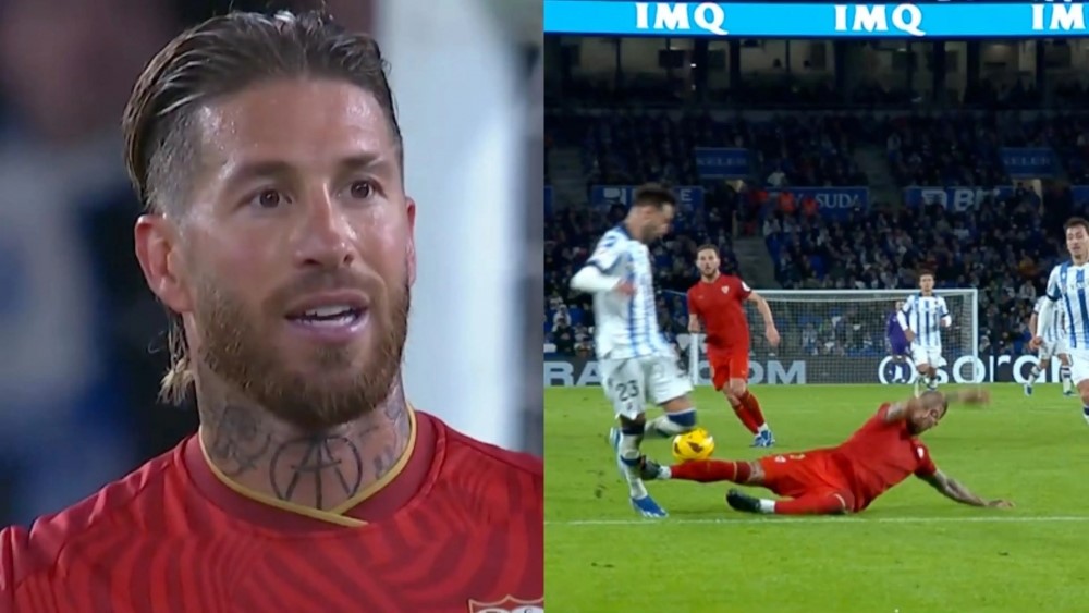 Pha phạm lỗi thô bạo của Ramos với Mendez. (Ảnh: Goal)