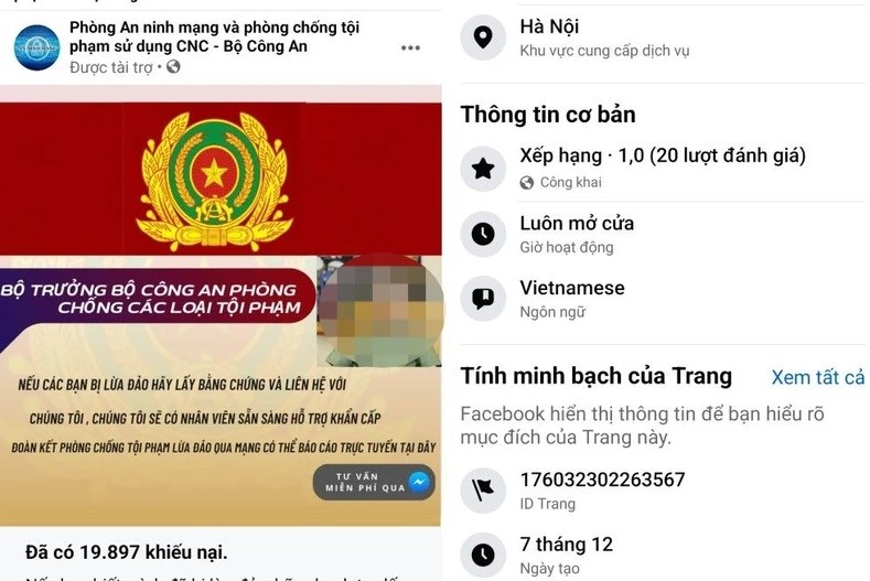 Ảnh chụp màn hình một Fanpage giả mạo.