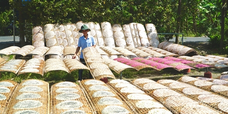 Làng nghề Bánh tráng cù lao Mây tất bật sản xuất để phục vụ thị trường Tết.