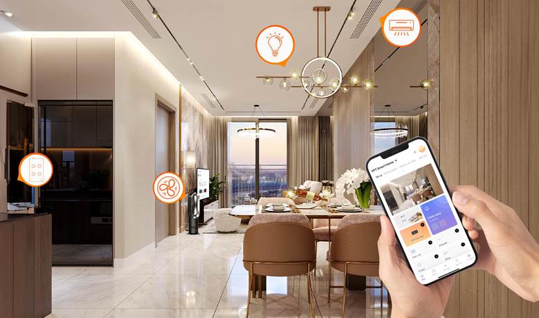 Hệ thống FPT Smart Home cho phép điều khiển các thiết bị thông qua điện thoại cùng trang thiết bị nội thất cao cấp