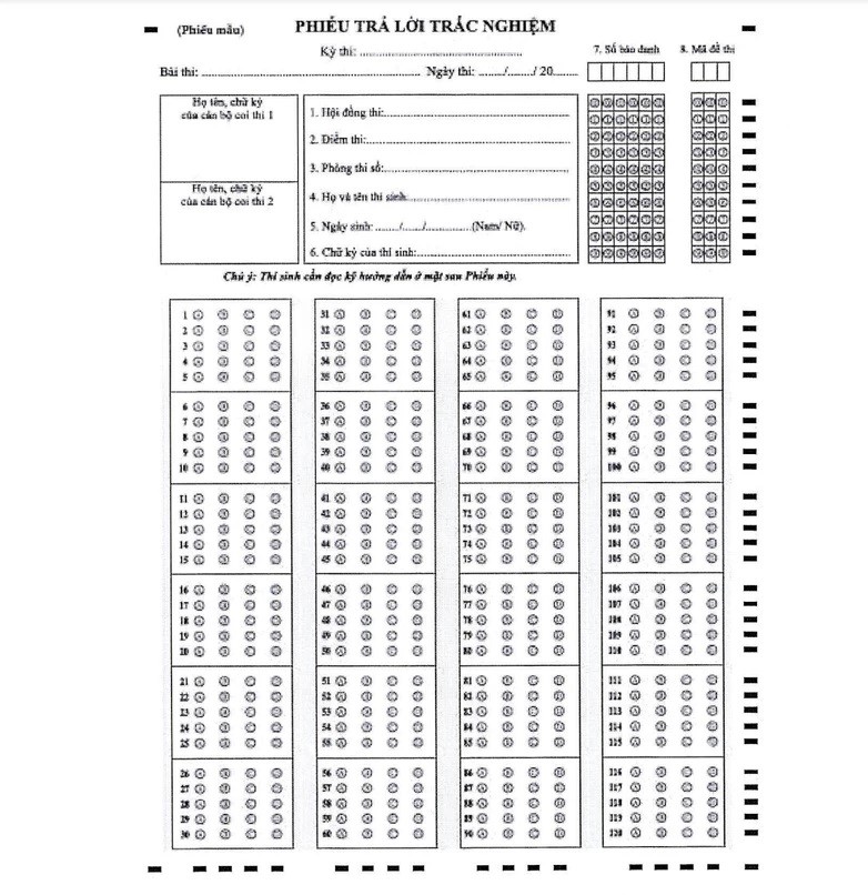 Mẫu Phiếu trả lời trắc nghiệm do Bộ Giáo dục và Đào tạo công bố (mặt trước).
