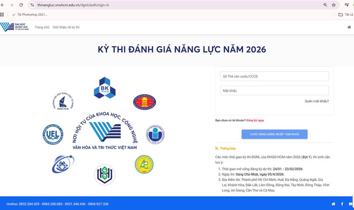 Giao diện trang đăng ký dự thi đánh giá năng lực của ĐH Quốc gia TP Hồ Chí Minh.


