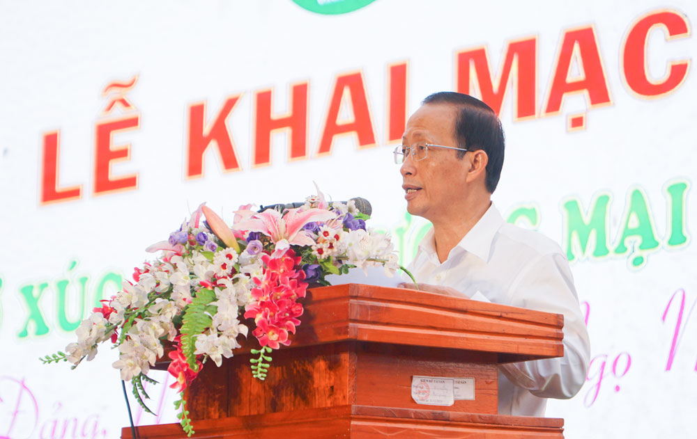 Đồng chí Nguyễn Trúc Sơn- Ủy viên Ban Thường vụ Tỉnh ủy, Phó Chủ tịch UBND tỉnh phát biểu khai mạc hội chợ.