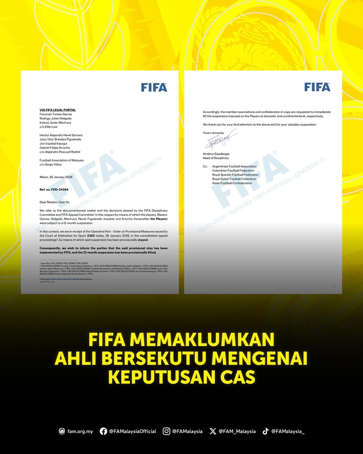 Thông báo mới nhất của FIFA tạm thời bỏ án phạt cho 7 cầu thủ nhập tịch của tuyển Malaysia - Ảnh: FAM