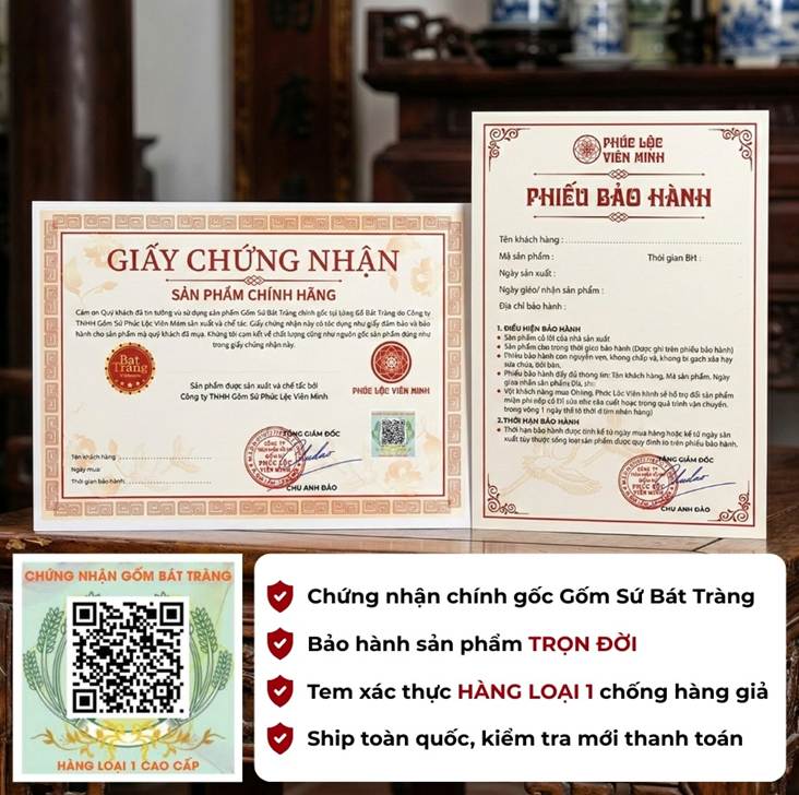 Chứng Nhận Gốm sứ Bát Tràng cao cấp hàng loại 1 của Gốm sứ Phúc Lộc Viên Minh