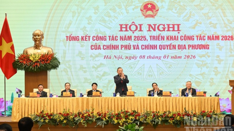 Tổng Bí thư Tô Lâm tới dự và chỉ đạo Hội nghị tổng kết công tác năm 2025, triển khai công tác năm 2026 của Chính phủ. (Ảnh: TRẦN HẢI)
