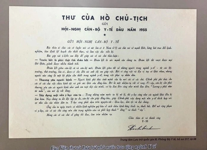 Bản sao Thư của Hồ Chù tịch gửi Hội nghị cán bộ Y tế đầu năm 1955. Ảnh tư liệu