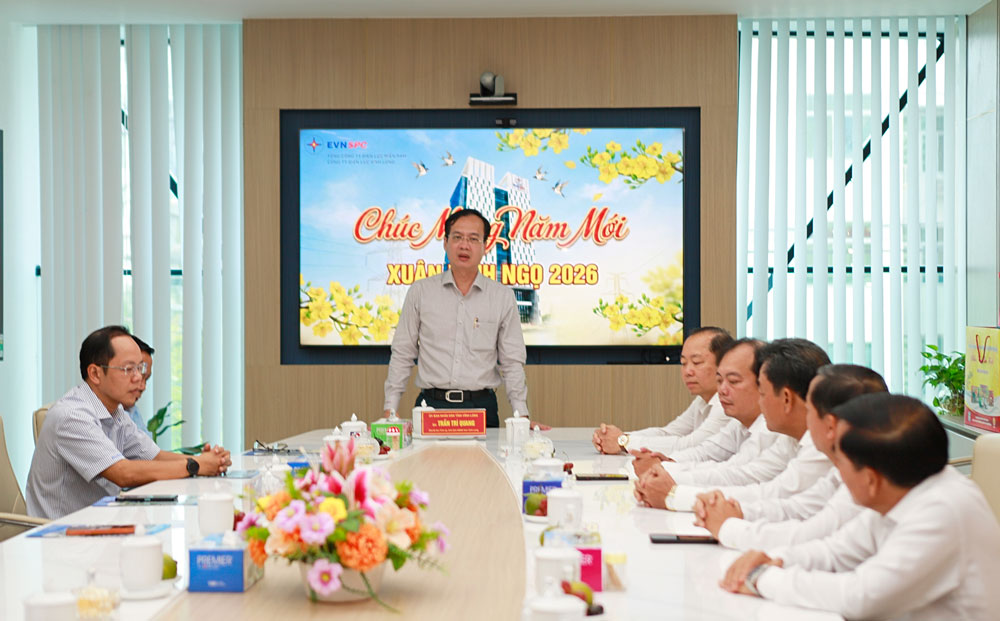 Đồng chí Trần Trí Quang thăm, chúc Tết Ban Giám đốc, tập thể cán bộ, nhân viên Công ty Điện lực Vĩnh Long. 