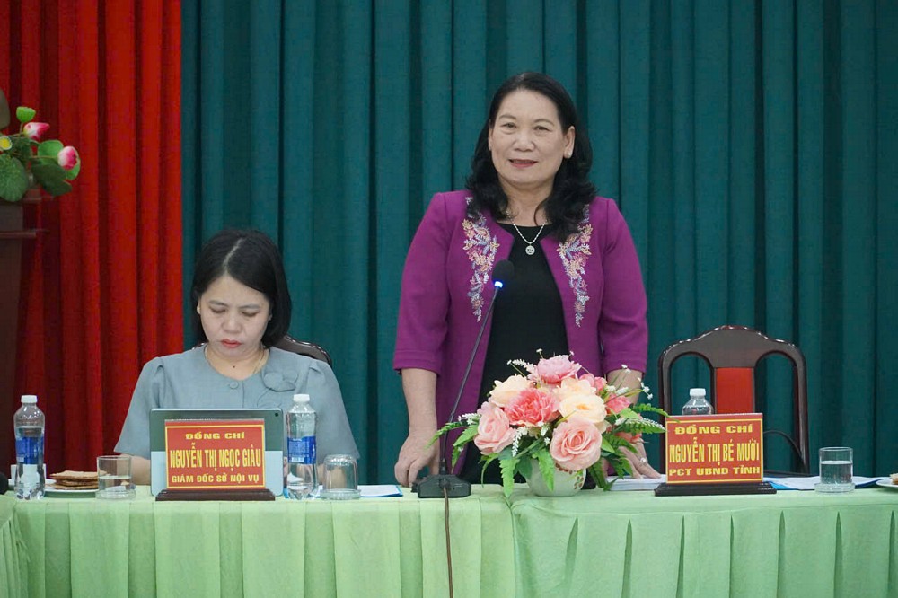 Phó Chủ tịch UBND tỉnh Nguyễn Thị Bé Mười phát biểu chỉ đạo tại cuộc họp.