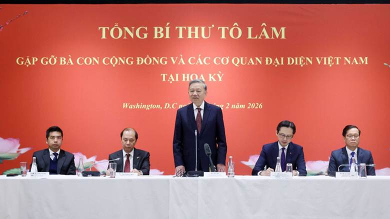 Tổng Bí thư Tô Lâm phát biểu tại buổi gặp gỡ bà con cộng đồng và các cơ quan đại diện Việt Nam tại Hoa Kỳ. (Ảnh: Thống Nhất/TTXVN)