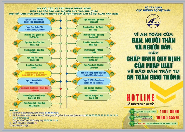 Tờ rơi chỉ rõ sơ đồ hệ thống trạm dừng nghỉ, trạm tạm và điểm dừng đỗ trên tuyến cao tốc Bắc - Nam


