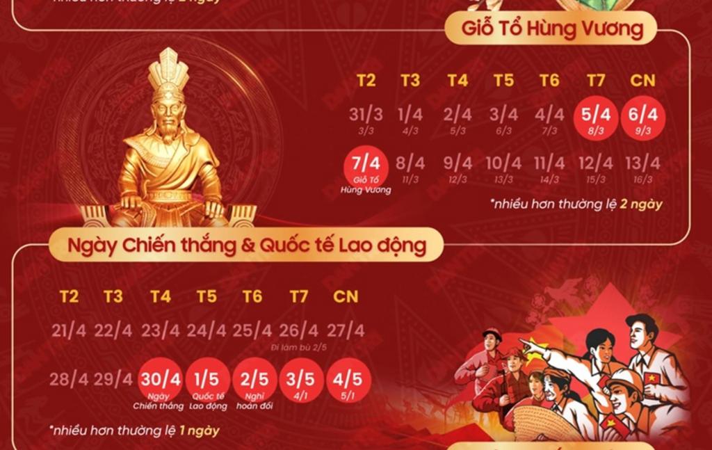 Lịch nghỉ ngày Giỗ Tổ Hùng Vương và dịp 30/4-1/5 (Thiết kế: Patrick Nguyễn).

