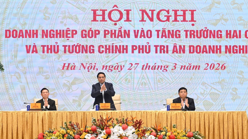 Thủ tướng Chính phủ Phạm Minh Chính chủ trì Hội nghị doanh nghiệp góp phần vào tăng trưởng hai con số. (Ảnh: TRẦN HẢI)