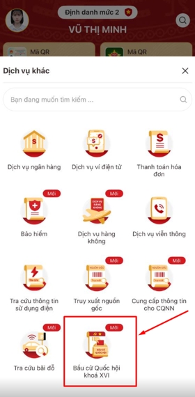 Màn hình chọn chức năng Bầu cử Quốc hội khóa XVI.