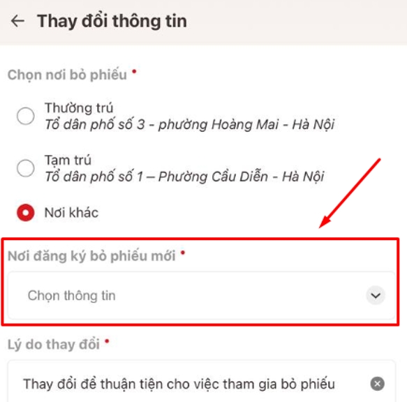 Màn hình thay đổi thông tin - chọn Nơi khác.