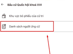 Màn hình chọn chức năng Danh sách người ứng cử.