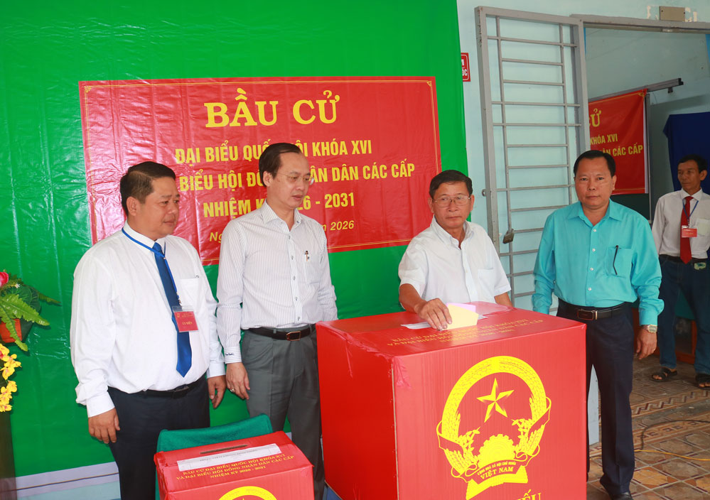 Đồng chí Trần Trí Quang- Phó Bí thư Tỉnh ủy, Chủ tịch UBND tỉnh, Chủ tịch Ủy ban bầu cử tỉnh chứng kiến cử tri tham gia bỏ phiếu.