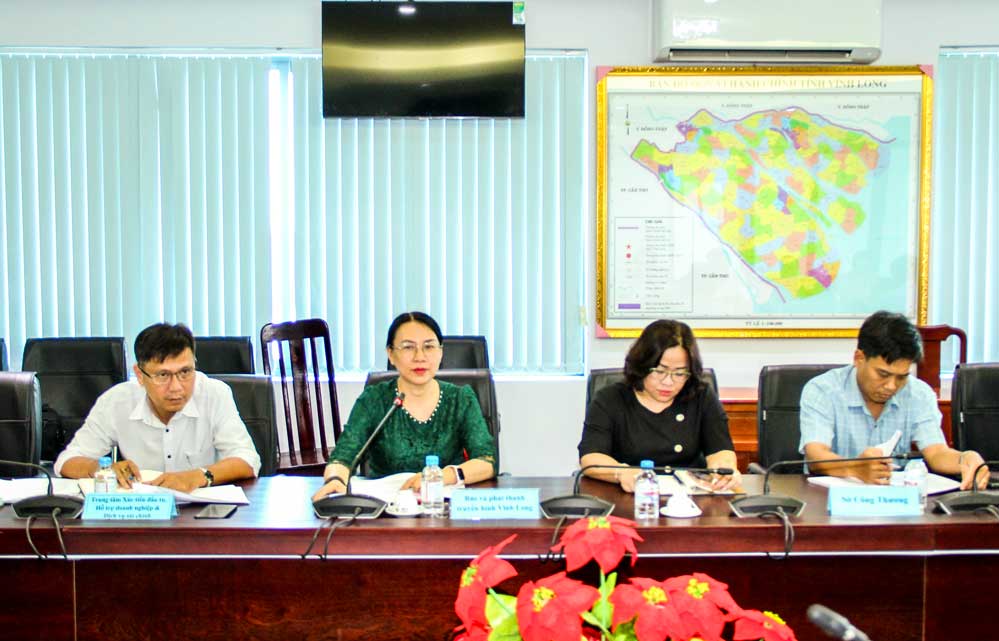 Bà Đào Thị Tuyết Vân- Phó Giám đốc Báo và phát thanh, truyền hình Vĩnh Long trao đổi ý kiến tại buổi làm việc.