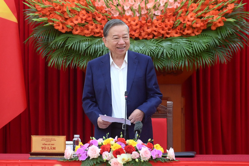 Tổng Bí thư Tô Lâm phát biểu chỉ đạo tại cuộc làm việc. (Ảnh: ĐĂNG KHOA)
