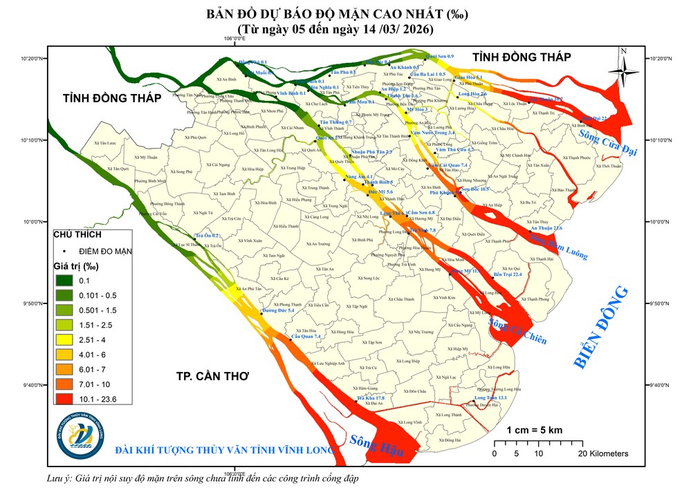 Bản đồ dự báo độ mặn cao nhất từ ngày 5-14/3.