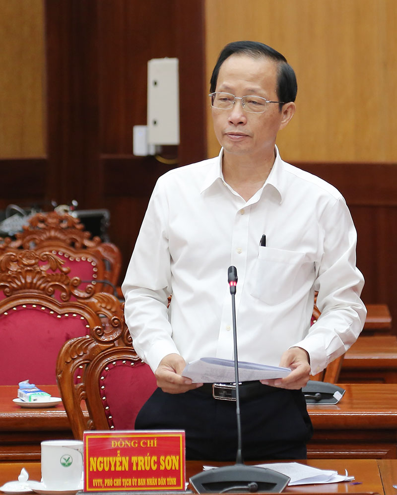 Đồng chí Nguyễn Trúc Sơn- Ủy viên Ban Thường vụ Tỉnh ủy, Phó Chủ tịch UBND tỉnh phát biểu tại hội nghị.