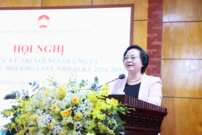 Bí thư Trung ương Đảng, Phó Thủ tướng Chính phủ Phạm Thị Thanh Trà phát biểu tại Hội nghị tiếp xúc cử tri với người ứng cử đại biểu Quốc hội khóa XVI. Ảnh: VGP

