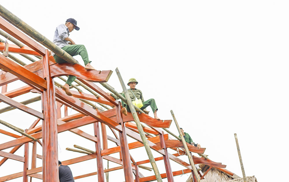 Các công nhân đang xây dựng 1 trại bằng gỗ 100%.