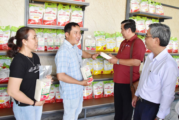 Bà Nguyễn Thị Thu Oanh- Chủ tịch Hội đồng quản trị HTX Nông nghiệp- sản xuất thương mại dịch vụ Thiện Oanh giới thiệu về sản phẩm gạo hữu cơ Hương Trà.

