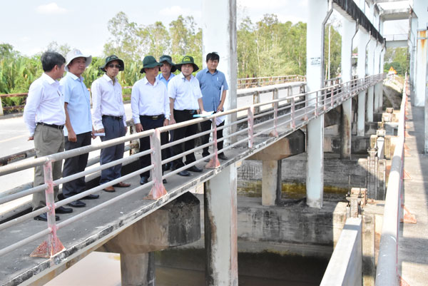 Đồng chí Châu Văn Hòa- Phó Chủ tịch UBND tỉnh (thứ 4 từ trái sang) khảo sát tình hình sạt lở cống Vĩnh Kim.

