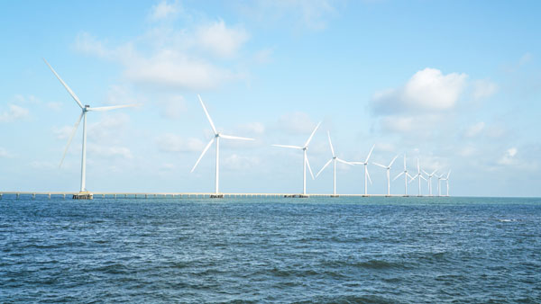 Những trụ tua-bin điện gió vươn mình giữa không gian ven biển, minh chứng cho tiềm năng phát triển năng lượng tái tạo của tỉnh. Ảnh: THẢO TIÊN

