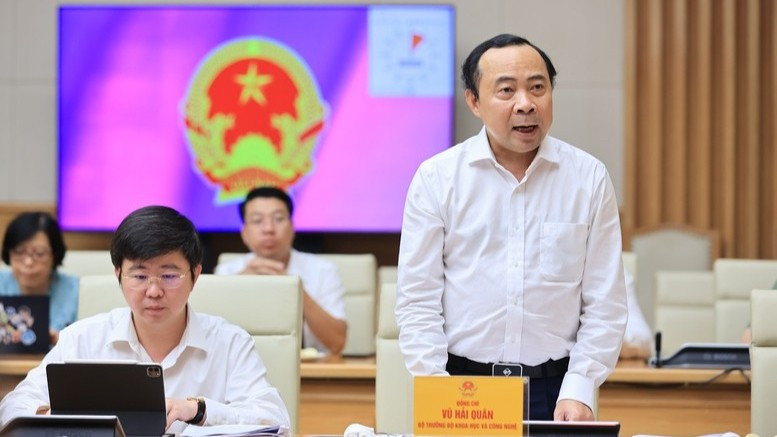 Bộ trưởng Khoa học và Công nghệ Vũ Hải Quân phát biểu ý kiến tại cuộc làm việc. (Ảnh: VGP/Nhật Bắc)


