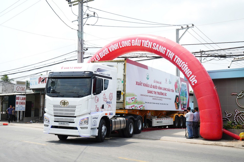 Container bưởi da xanh đầu tiên khởi hành từ nhà máy Kim thanh vượt đại dương vào siêu thị Úc.