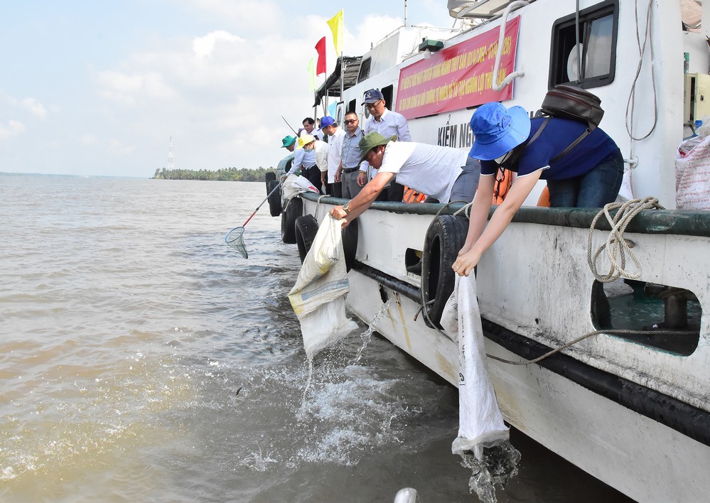 Các đại biểu tham gia thả giống thuỷ sản xuống sông.