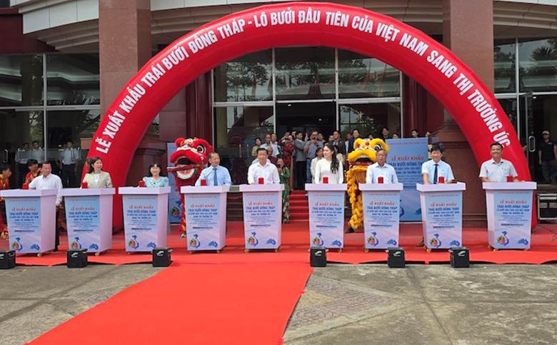 Lễ xuất khẩu trái bưởi Đồng Tháp, thuộc lô bưởi đầu tiên của Việt Nam sang thị trường Úc diễn ra cùng ngày. Ảnh: Trung Chánh