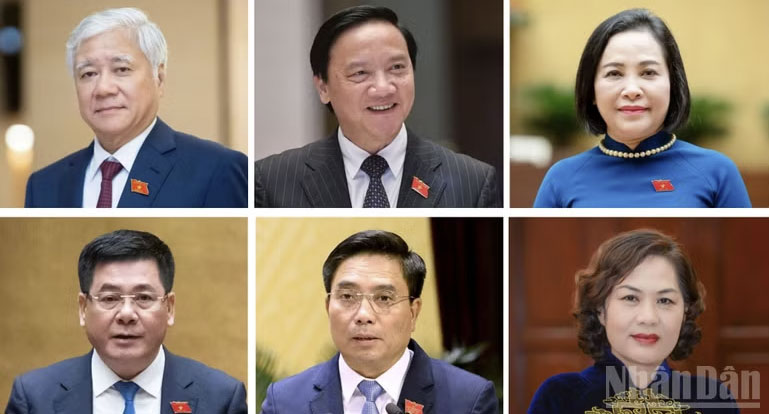 Quốc hội thông qua Nghị quyết bầu Phó Chủ tịch Quốc hội khóa XVI gồm các đồng chí (từ trái qua phải): Đỗ Văn Chiến, Nguyễn Khắc Định, Nguyễn Thị Thanh (hàng trên), Nguyễn Hồng Diên, Nguyễn Doãn Anh, Nguyễn Thị Hồng (hàng dưới). (Ảnh: VĂN TOẢN)