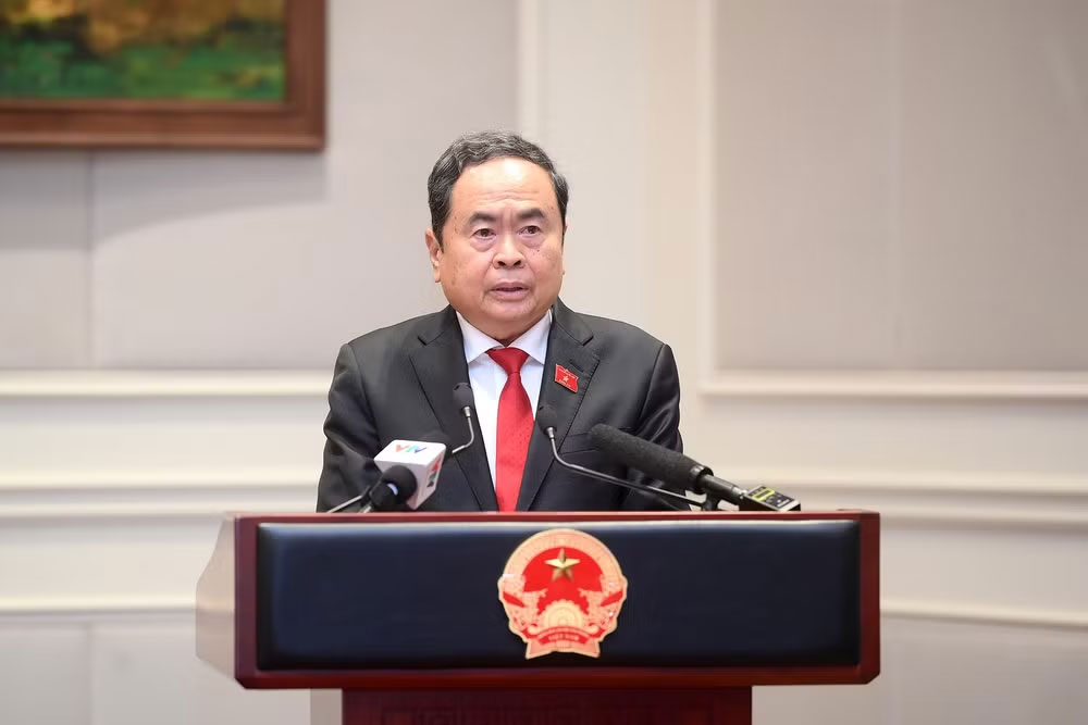 Chủ tịch Quốc hội Trần Thanh Mẫn phát biểu tại cuộc gặp mặt. (Ảnh: ĐĂNG KHOA)