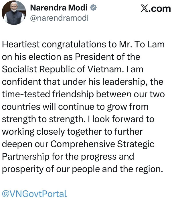Thủ tướng Ấn Độ đăng dòng trạng thái chúc mừng. Ảnh chụp màn hình.
